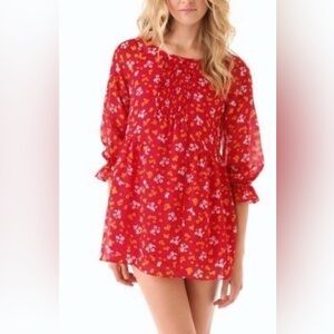 Free People Cherry Red Blouse Top Tunic DressLined Flowers Yellow Size L